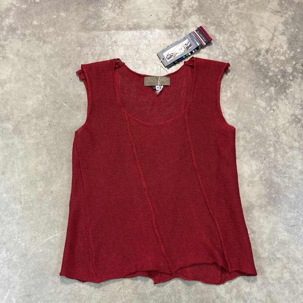 Zuza Bart Shirt Womens‎ Medium Linen Tank Top Clear Red Beachy Resort Basic